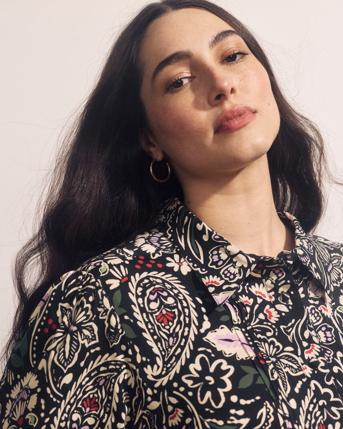 Spellbound Pleated Stretch Cupro Blouse - Black Forest Print | Plus Size & Straight Size Women's Fashion | Universal Standard