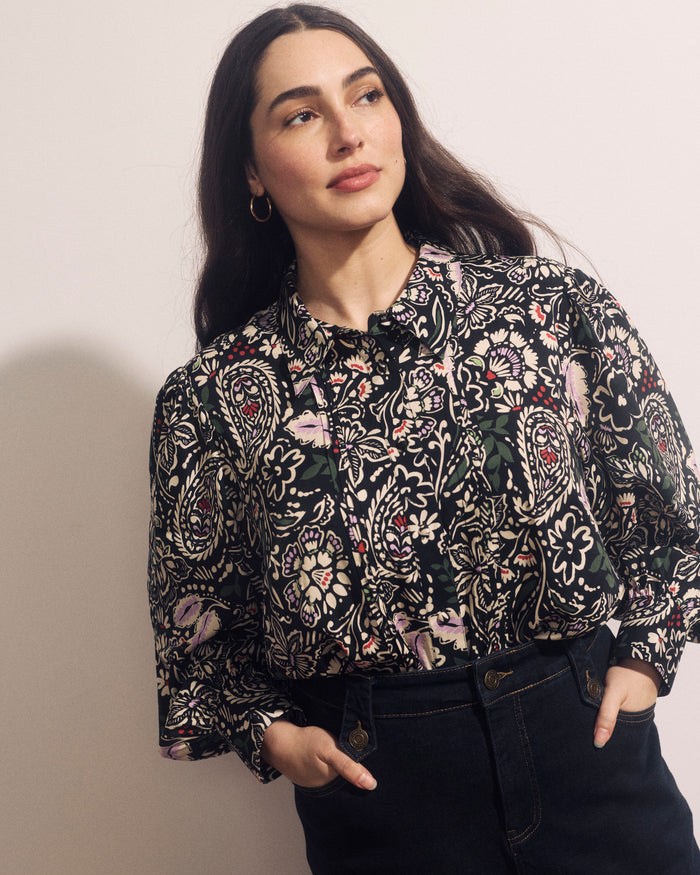 Spellbound Pleated Stretch Cupro Blouse - Black Forest Print | Plus Size & Straight Size Women's Fashion | Universal Standard
