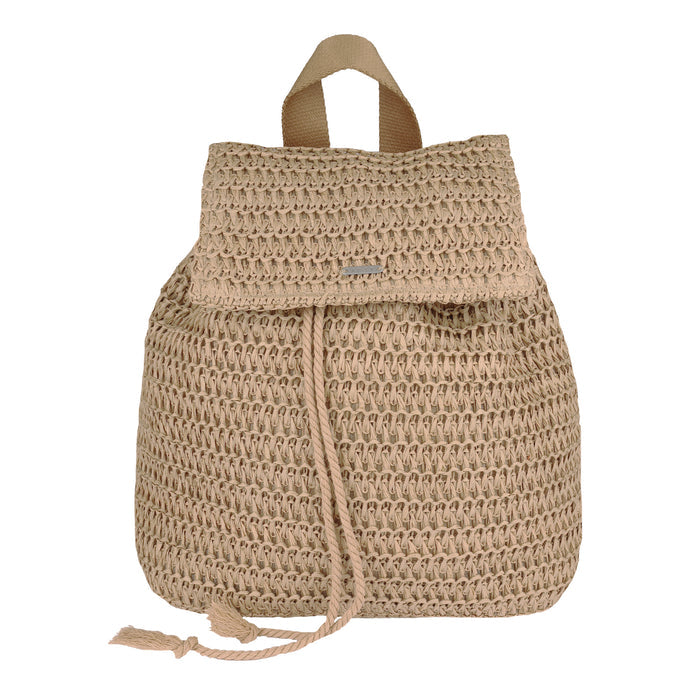 The Roxy Spotless Sunnies Backpack features a large beige woven straw design, crochet-like detailing, a rope drawstring and flap closure, adjustable cotton straps, and a short top handle for effortless style.