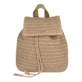 The Roxy Spotless Sunnies Backpack features a large beige woven straw design, crochet-like detailing, a rope drawstring and flap closure, adjustable cotton straps, and a short top handle for effortless style.