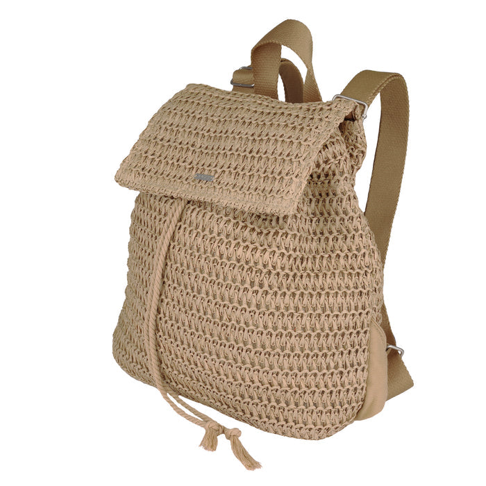 The Roxy Spotless Sunnies Backpack is a large beige woven bag with adjustable cotton straps, a flapover closure, and a front drawstring, displayed against a white background.