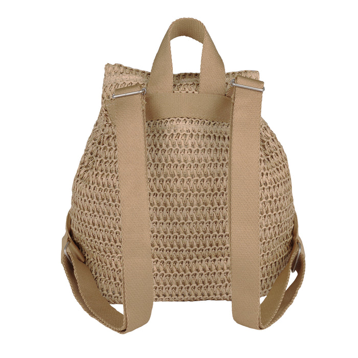 The Roxy Spotless Sunnies Backpack in beige is shown from the back on a white background, featuring a woven design, flapover closure, adjustable cotton backpack straps, and a top handle.