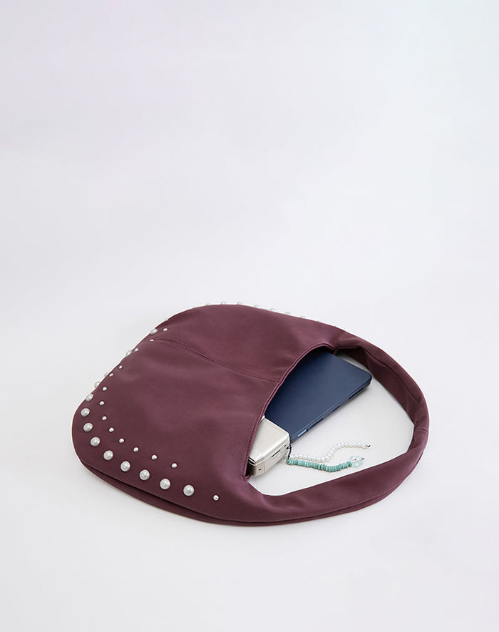 Image of Studded Slouch Bag in Burgundy