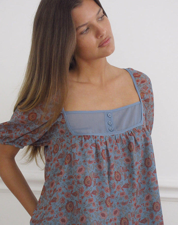 Image of Sumire Top in Shadow Blossom Blue Chiffon