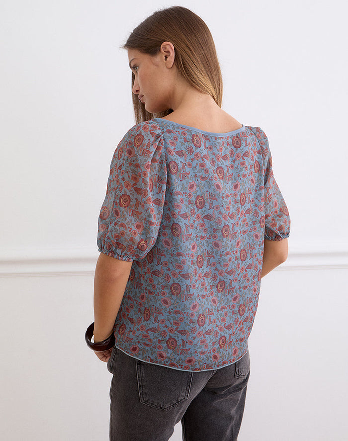 Image of Sumire Top in Shadow Blossom Blue Chiffon