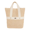 The Roxy Sunny Stash Backpack in Hibiscus Hype features woven straw construction, two wide cream fabric handles, and a matching cream band around the middle with a small metal logo plate—making it a perfect choice for those seeking a stylish alternative to traditional backpacks for effortless beach days.
