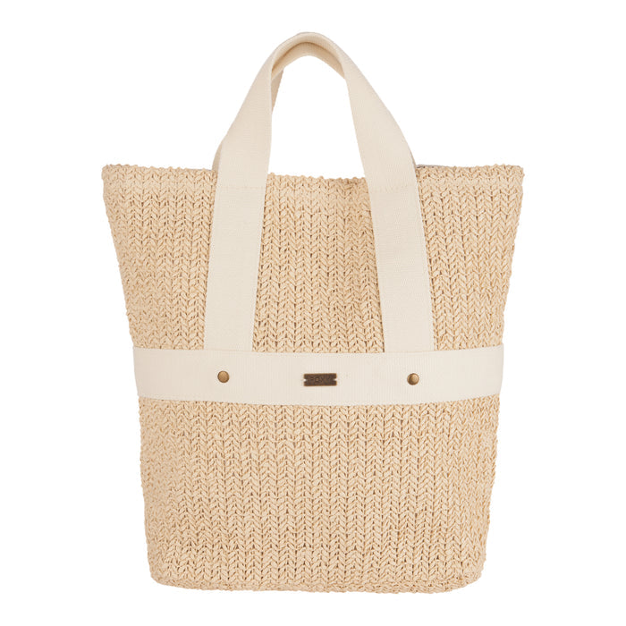 The Roxy Sunny Stash Backpack in Hibiscus Hype features woven straw construction, two wide cream fabric handles, and a matching cream band around the middle with a small metal logo plate—making it a perfect choice for those seeking a stylish alternative to traditional backpacks for effortless beach days.