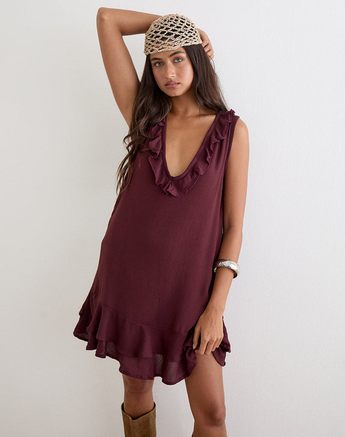 Image of Swade Plunge Mini Dress in Crinkle Plum