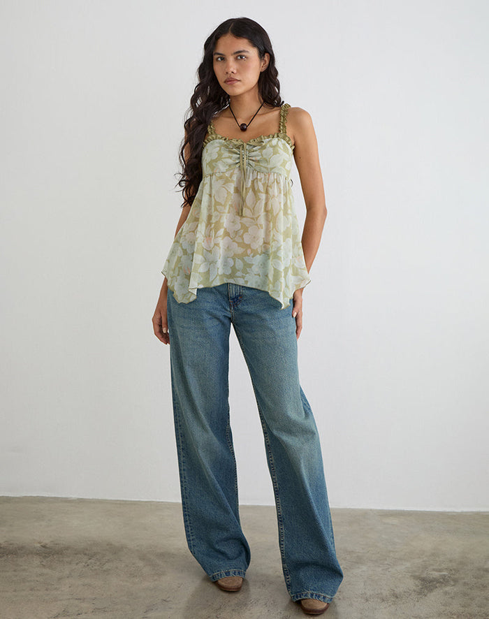 Image of Sylva Asymmetric Hem Cami Top in Pale Flower Green
