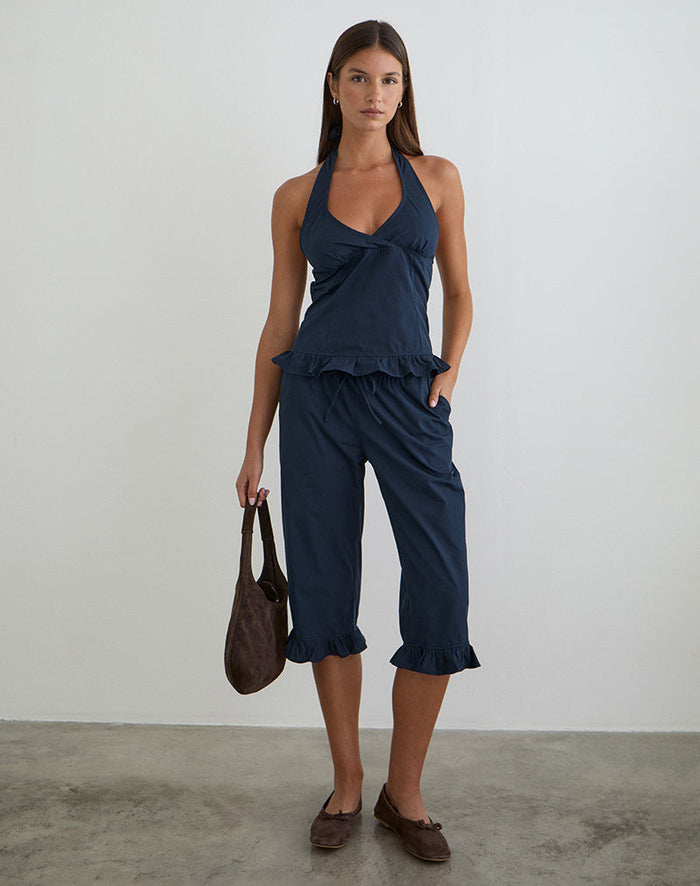 Image of Tamzen Halterneck Top in Dark Navy with Frill Hem