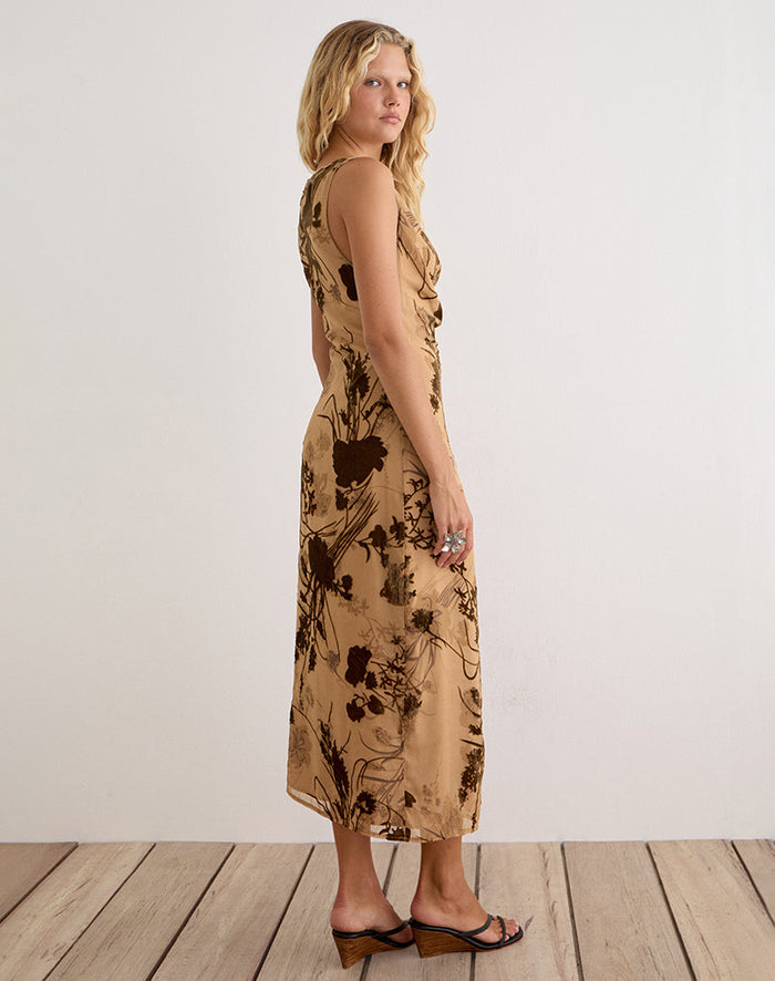 Image of Tana Cowl Maxi Dress in Floral Devore Beige