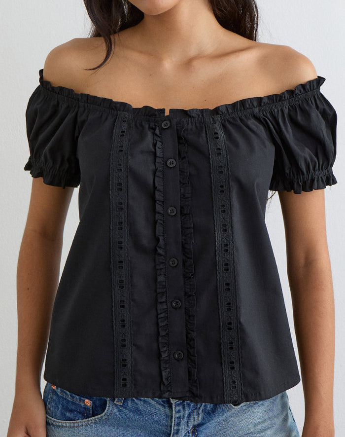 Image of Tempest Bardot Puff Sleeve Top in Poplin Black