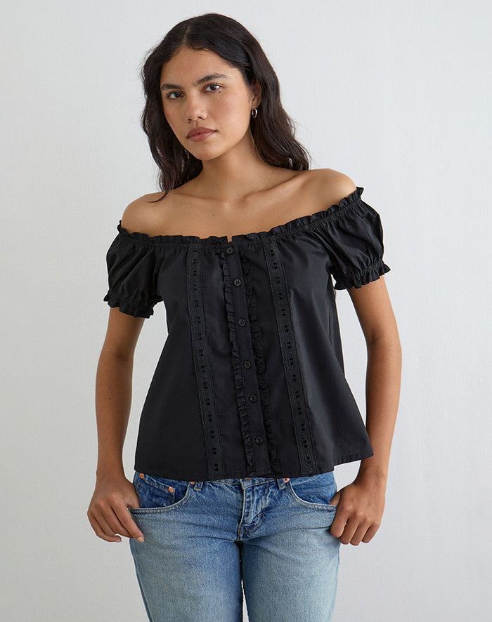 Image of Tempest Bardot Puff Sleeve Top in Poplin Black