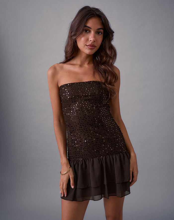 Image of Tinosa Corset Dress in Ruffle Sequin Brown