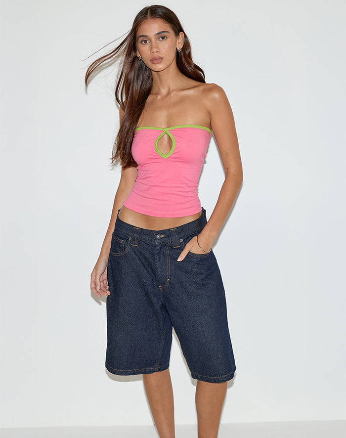 Image of Tiria Cutout Bandeau Top in Bubble Gum with Leaf Green Binding