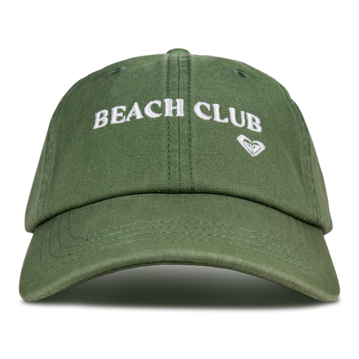 Oil green Toadstool Cap by Roxy, featuring the words BEACH CLUB embroidered in white above a small white heart on the front, displayed against a plain white background. Perfect for fans of cool style, this cap embodies the laid-back vibe of classic Roxy baseball hats.