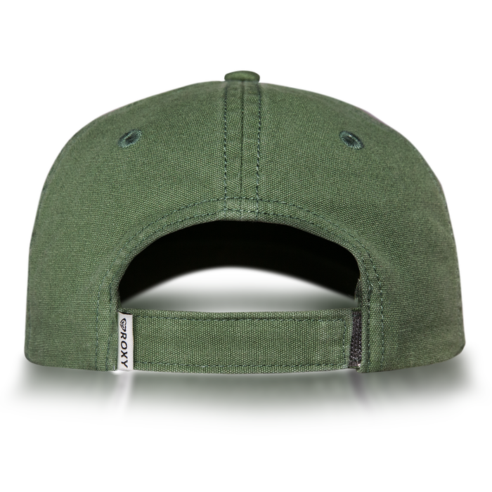 The Roxy Toadstool Cap is a green baseball hat viewed from the back, complete with an adjustable strap and a small white Roxy logo tag on the left side—ideal for fans of stylish Roxy baseball caps.
