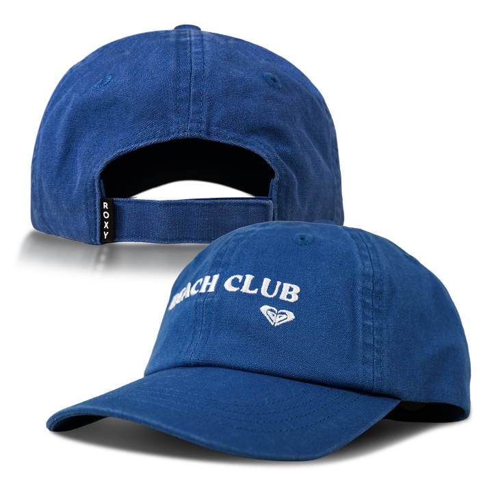 Two views of the Toadstool Cap by Roxy: one shows the front with “Beach Club” and a logo embroidered in white, while the other reveals the back with an adjustable Velcro strap labeled Roxy. This sleek blue cap effortlessly combines cool style with the signature quality found in all Roxy hats.