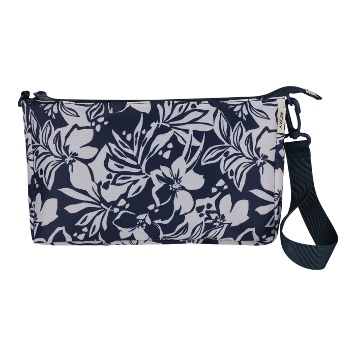 The Roxy Travel Pouch Set features a navy blue pouch printed with white florals, a top zipper closure, and a detachable navy strap on the right—ideal for organized travel.