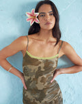 Image of Tuwira Mini Dress in Mesh Neutral Camo Green with Lace Trim