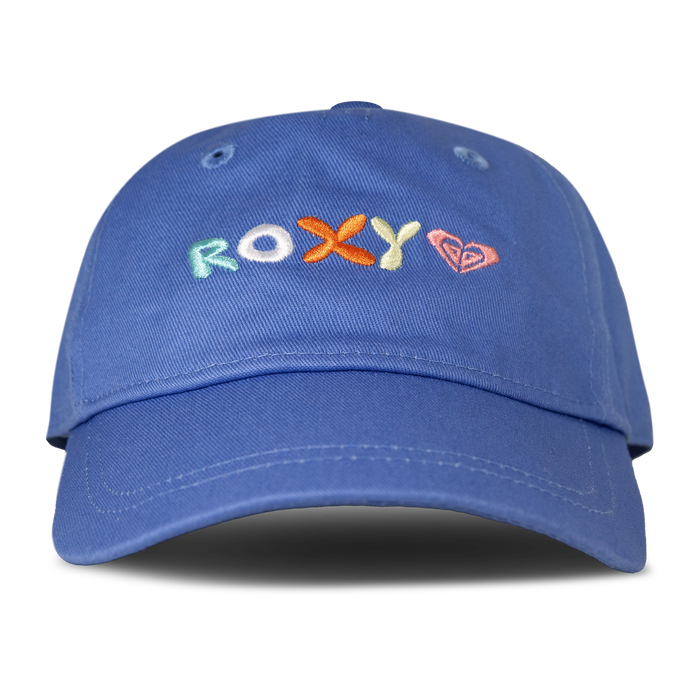 The TW Next Level Baseball Cap by Roxy features a vibrant Very Peri color, colorful ROXY embroidery, and a heart-shaped logo on the front, making it a stylish and modern accessory for any outfit.