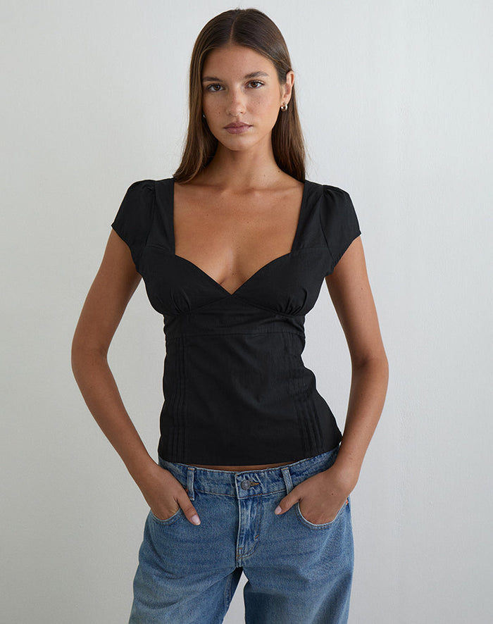 Image of Uliva Cap Sleeve Corset Top in Poplin Black