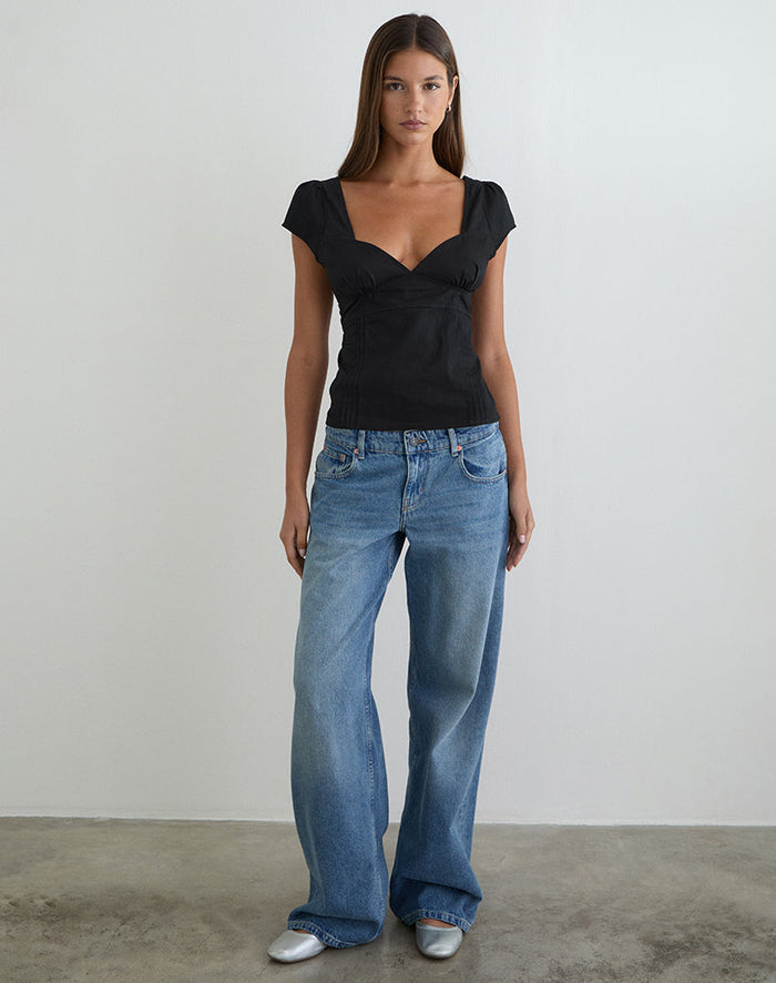 Image of Uliva Cap Sleeve Corset Top in Poplin Black