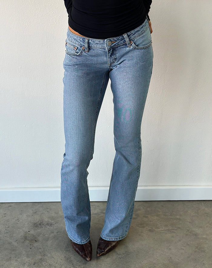 Image of Ultra Low Rise Stretch Flare Jeans in Mid Blue