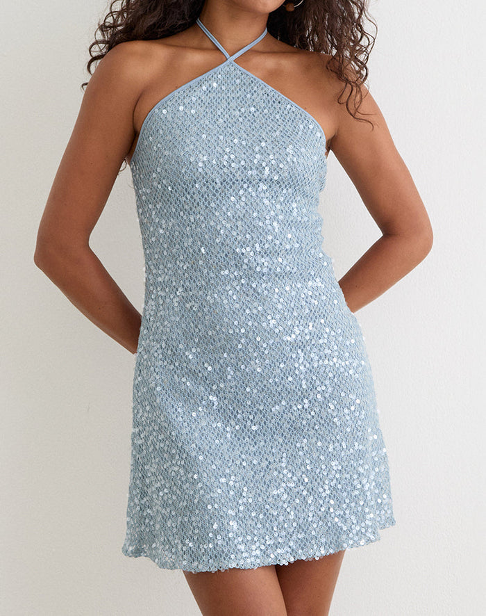Image of Urlanda Dress in Seafoam Sequin Knit Blue