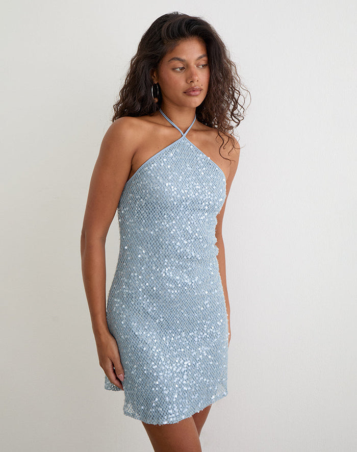 Image of Urlanda Dress in Seafoam Sequin Knit Blue