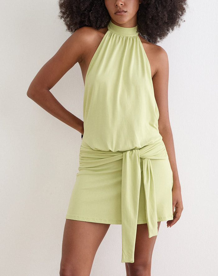 Image of Vakali Halterneck Mini Dress in Rayon Jersey Pistachio