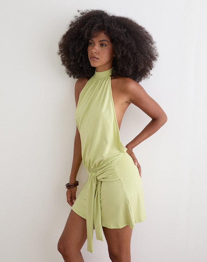 Image of Vakali Halterneck Mini Dress in Rayon Jersey Pistachio