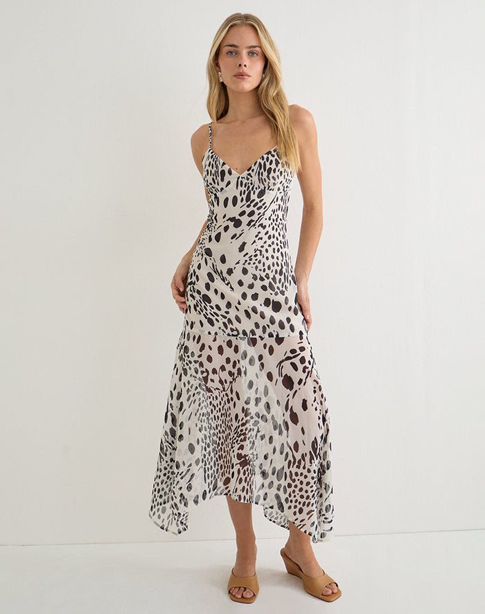 Image of Vakare Midi Dress in Dalmatian Skin Black and Ivory