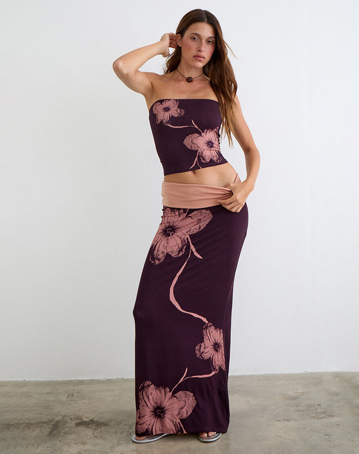 Image of Valdra Maxi Skirt in Burgundy with Flower Silhouette