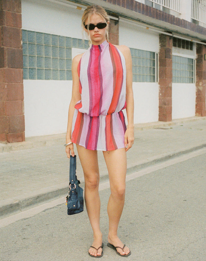 Image of Veloria Halterneck Mini Dress in Pink Chiffon Painted Stripe