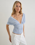 Image of Vernia Plunge Batwing Top in Lyocell Dusty Blue with Pearl Buttons