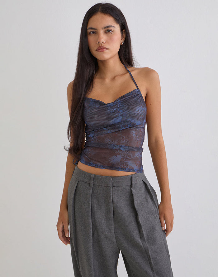 Image of Xiomara Halterneck Top in Midnight Paisley Dark Blue