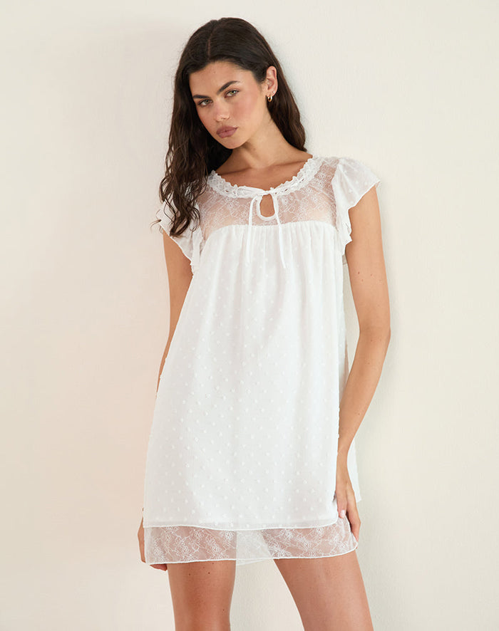 Image of Yagis Smock Mini Dress in Dobby Chiffon White Lace