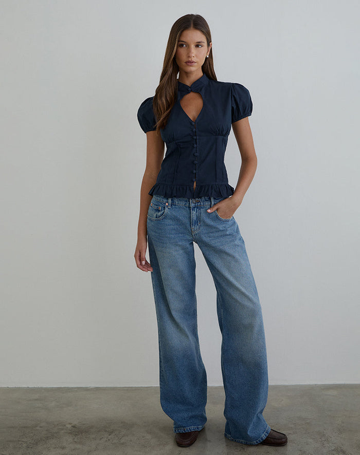 Image of Yamila Puff Sleeve Keyhole Blouse in Dark Navy