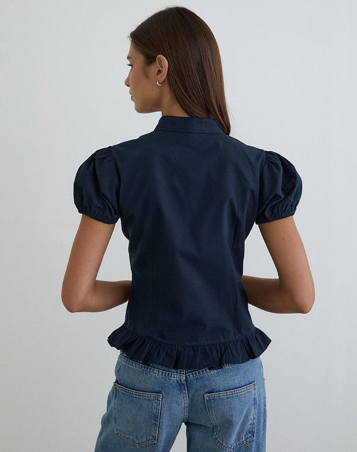 Image of Yamila Puff Sleeve Keyhole Blouse in Dark Navy