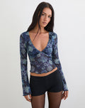 Image of Yamuna Long Sleeve Top in Dark Blue Arty Flower Mesh