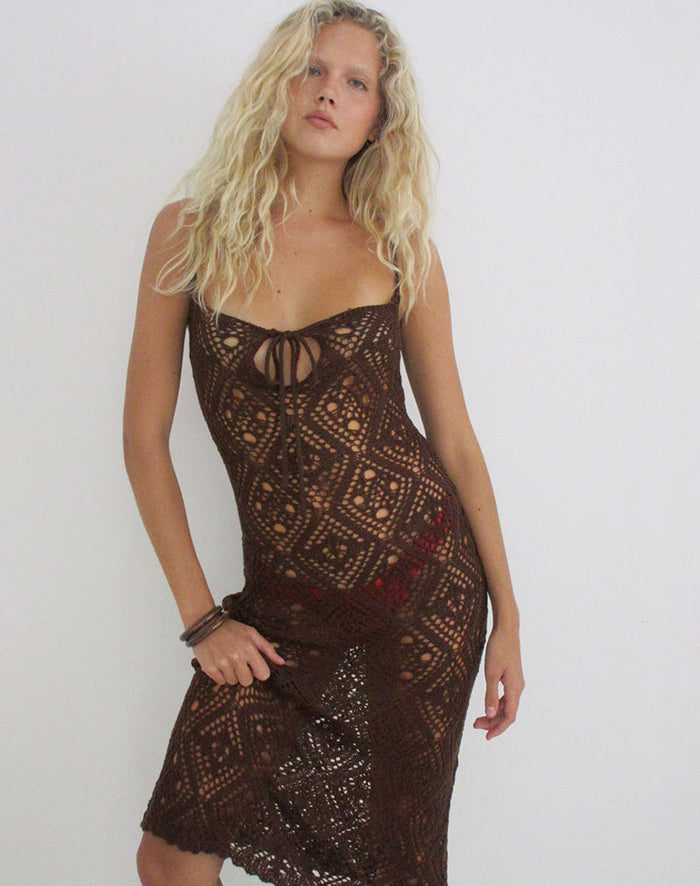 Image of Yasiya Midi Dress in Open Crochet Knit Dark Chocolate