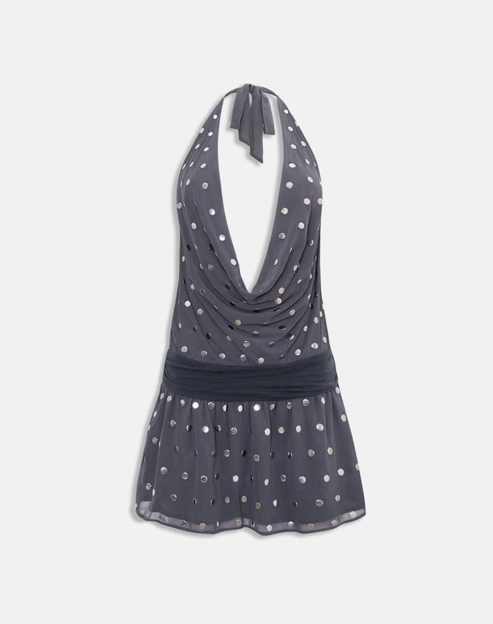 Image of Yukina Mini Dress in Studded Chiffon Dark Grey