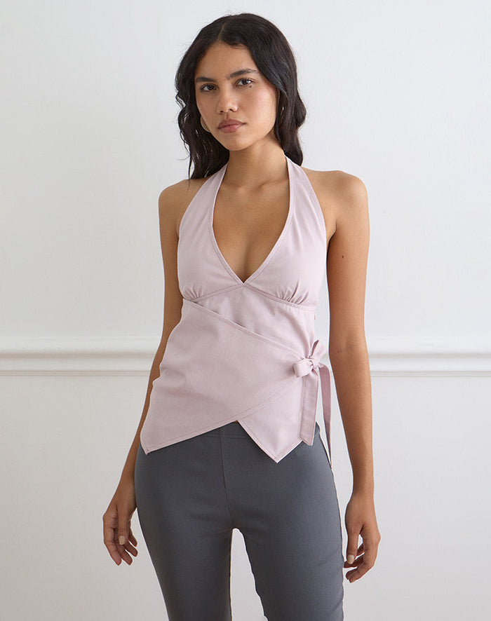Image of Yung Halterneck Top in Cotton Twill Soft Pink