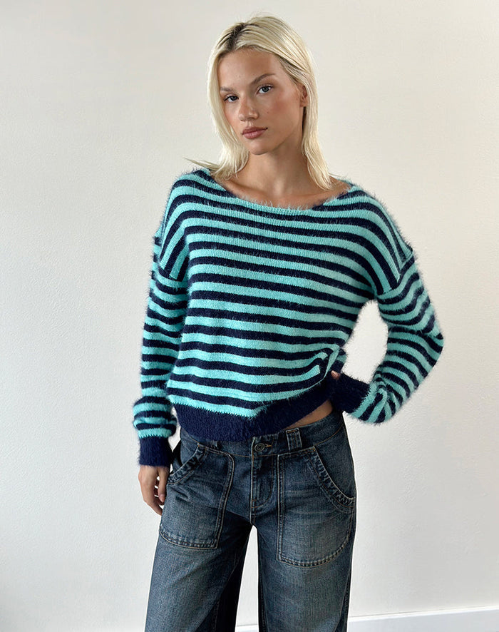 Image of Zalo Jumper in Knit Stripe Light Blue and Navy