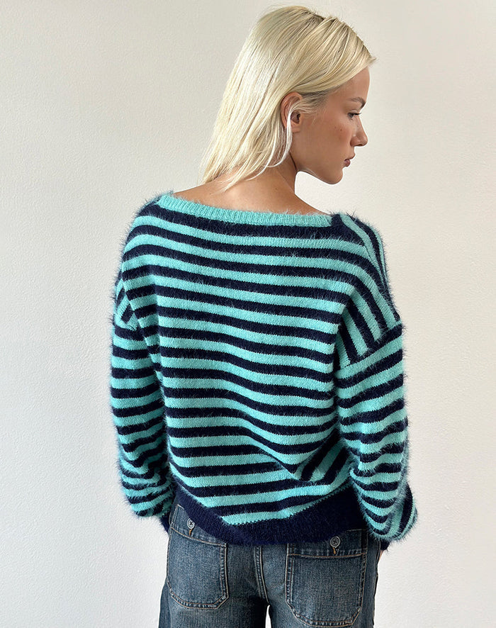 Image of Zalo Jumper in Knit Stripe Light Blue and Navy