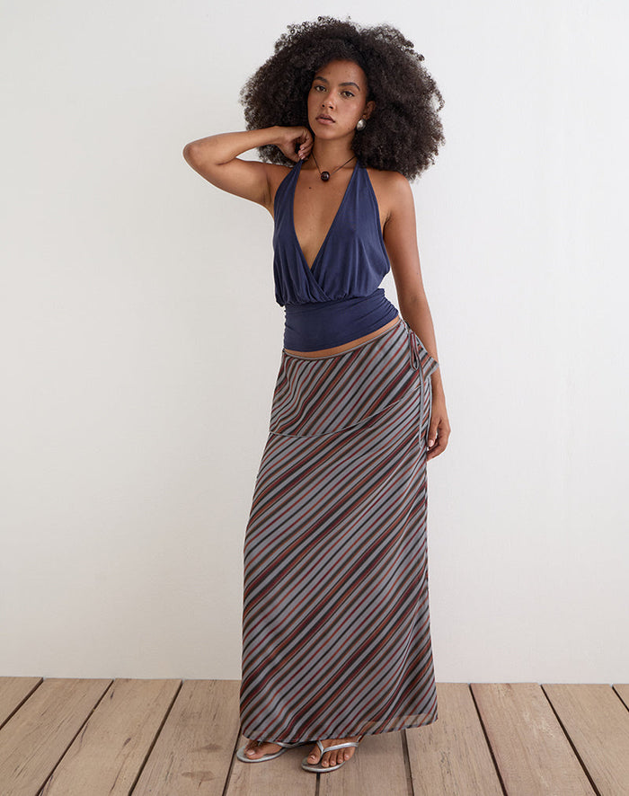Image of Zelvia Maxi Skirt in Chiffon Grey and Maroon Diagonal Stripe