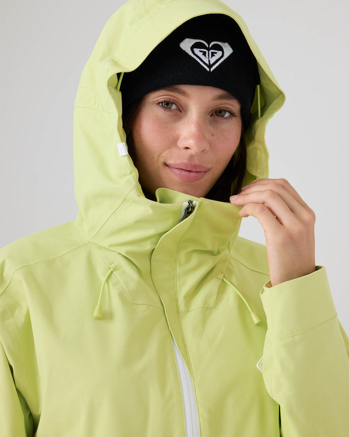 A person wearing the Roxy Zephyr Jacket in light green—a technical women’s snow jacket—paired with a black beanie featuring a white heart-shaped logo, looking at the camera and slightly smiling.