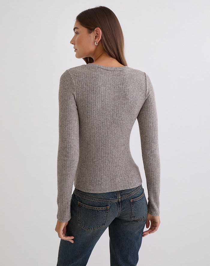 Image of Zinta Long Sleeve Button Up Top in Ribbed Knit Grey